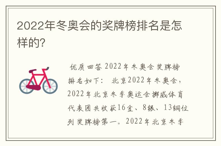 2022年冬奥会的奖牌榜排名是怎样的？