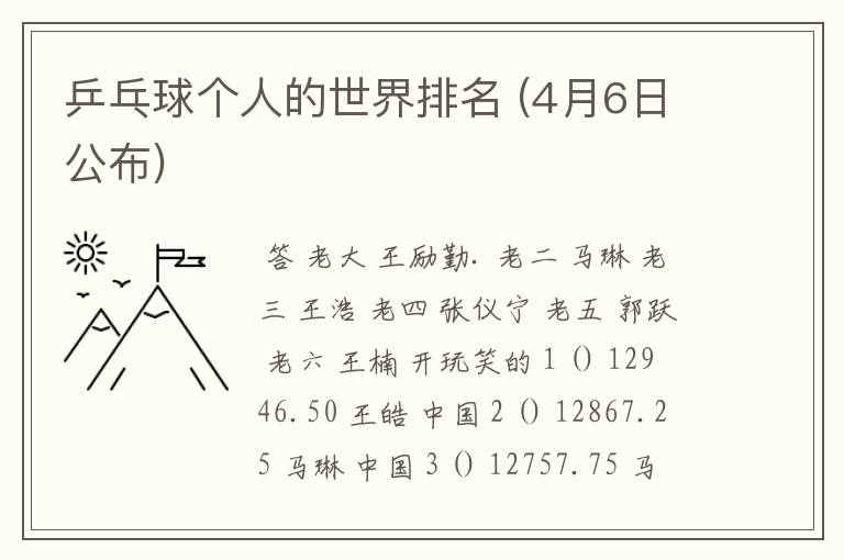 乒乓球个人的世界排名 (4月6日公布)