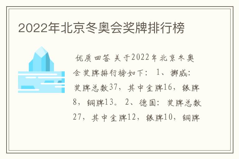 2022年北京冬奥会奖牌排行榜