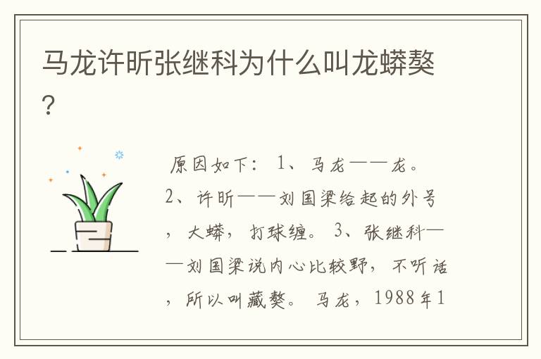 马龙许昕张继科为什么叫龙蟒獒?