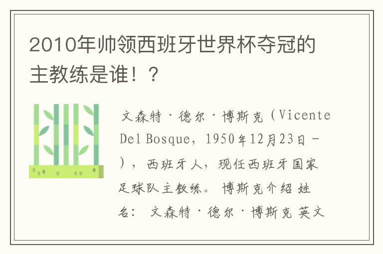 2010年帅领西班牙世界杯夺冠的主教练是谁！？