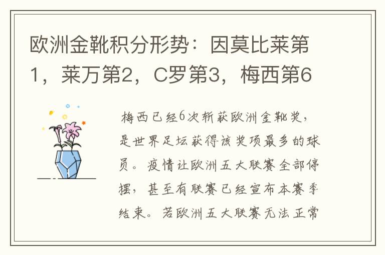 欧洲金靴积分形势：因莫比莱第1，莱万第2，C罗第3，梅西第6