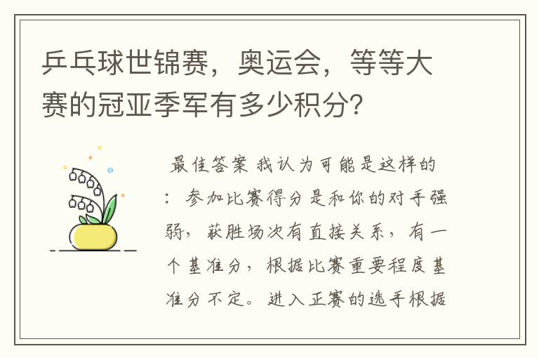 乒乓球世锦赛，奥运会，等等大赛的冠亚季军有多少积分？