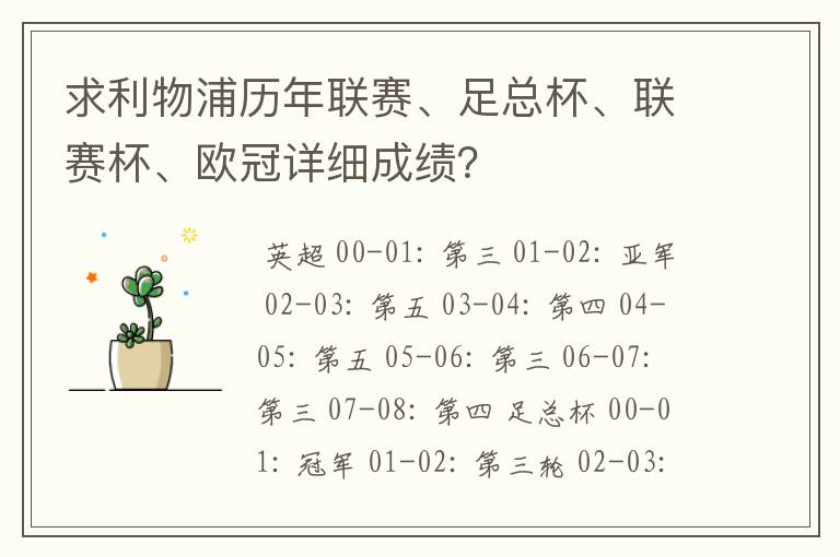 求利物浦历年联赛、足总杯、联赛杯、欧冠详细成绩？