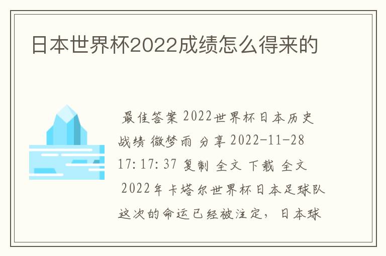 日本世界杯2022成绩怎么得来的