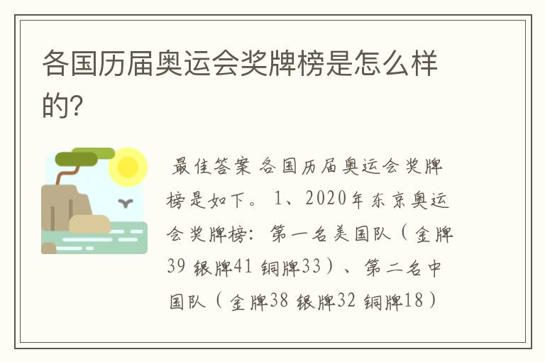 各国历届奥运会奖牌榜是怎么样的？