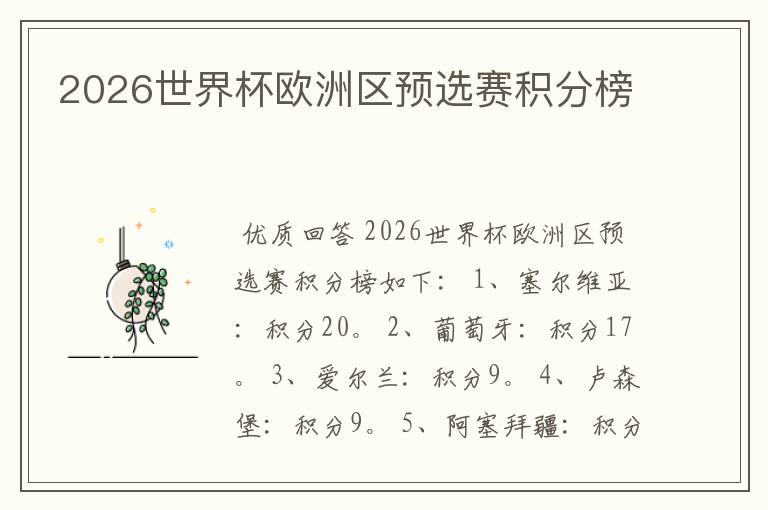 2026世界杯欧洲区预选赛积分榜