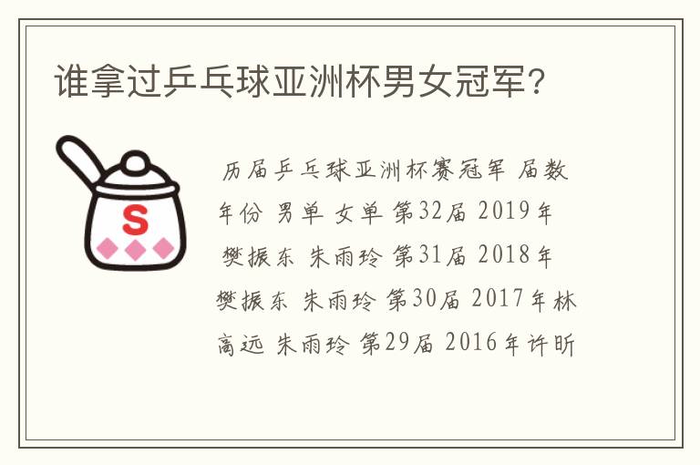 谁拿过乒乓球亚洲杯男女冠军?