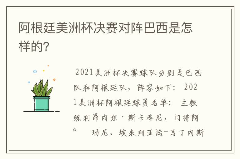 阿根廷美洲杯决赛对阵巴西是怎样的？