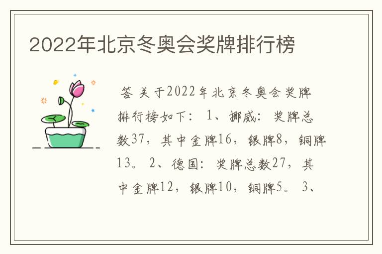 2022年北京冬奥会奖牌排行榜