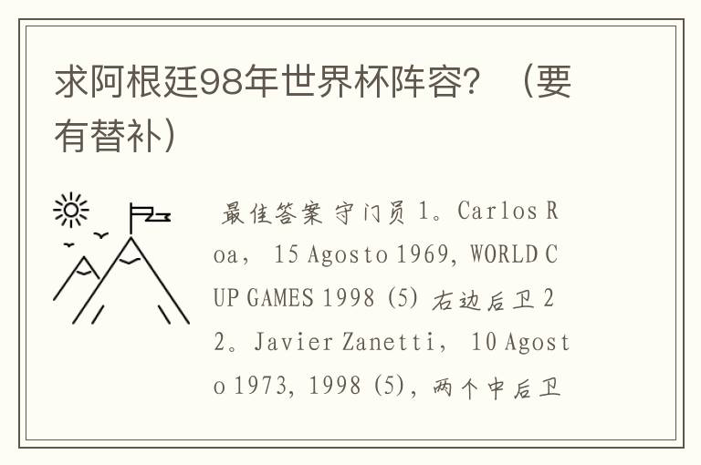 求阿根廷98年世界杯阵容？（要有替补）