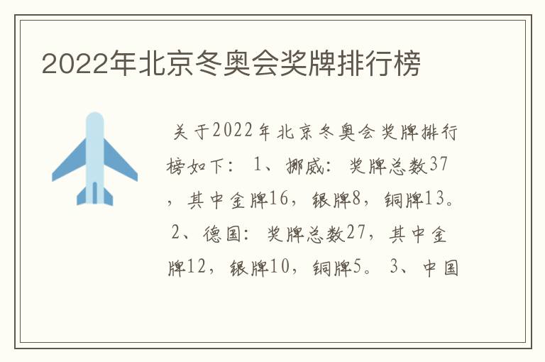 2022年北京冬奥会奖牌排行榜