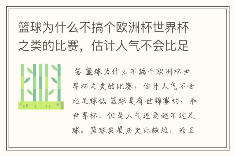 篮球为什么不搞个欧洲杯世界杯之类的比赛，估计人气不会比足球低