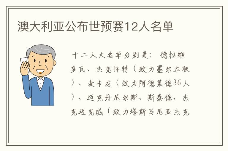 澳大利亚公布世预赛12人名单