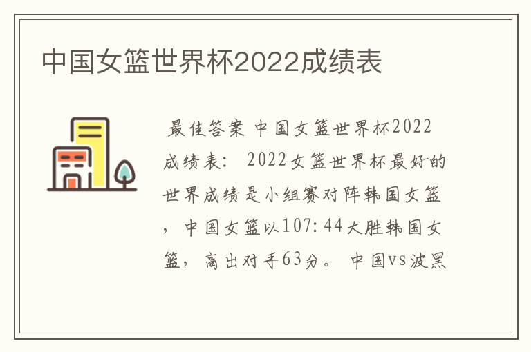 中国女篮世界杯2022成绩表