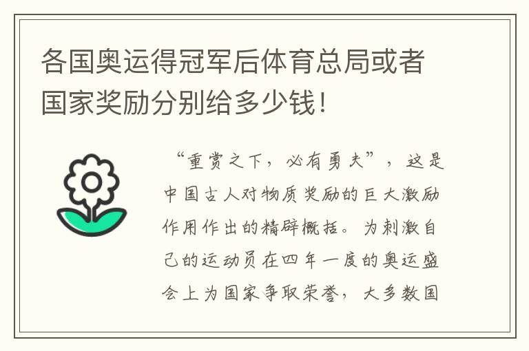 各国奥运得冠军后体育总局或者国家奖励分别给多少钱！