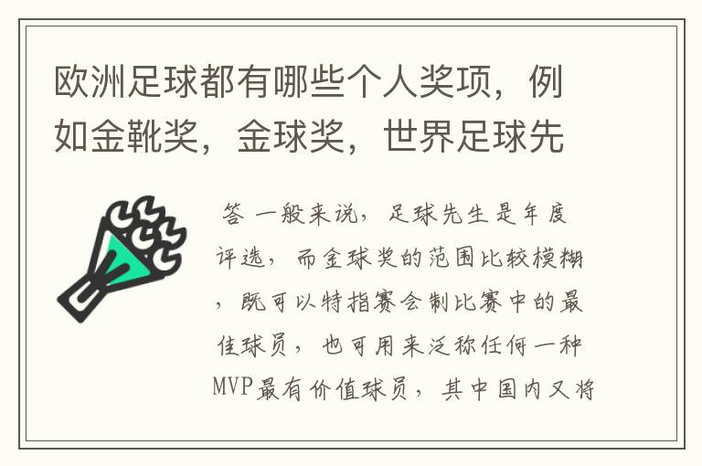 欧洲足球都有哪些个人奖项，例如金靴奖，金球奖，世界足球先生的，请高人解答，要最全的个人奖项，还有每