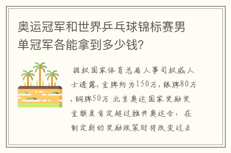 奥运冠军和世界乒乓球锦标赛男单冠军各能拿到多少钱？