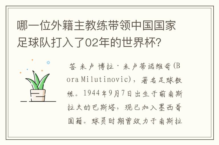 哪一位外籍主教练带领中国国家足球队打入了02年的世界杯？