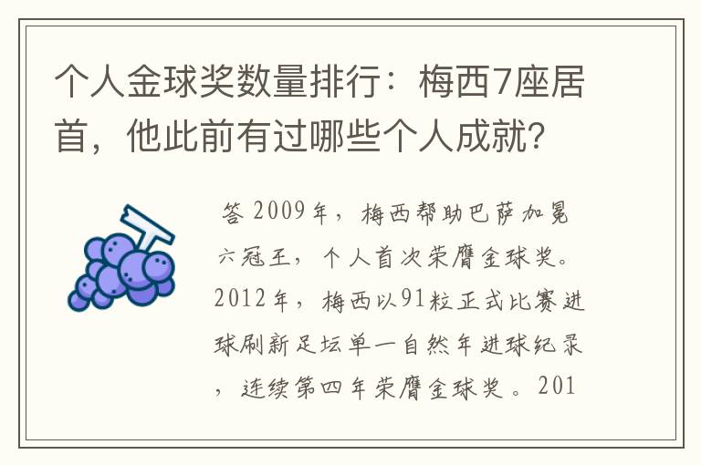 个人金球奖数量排行：梅西7座居首，他此前有过哪些个人成就？