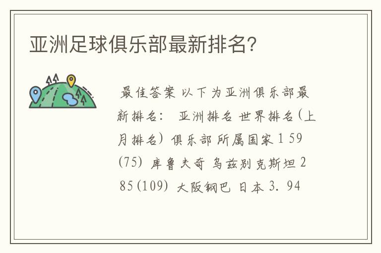 亚洲足球俱乐部最新排名？