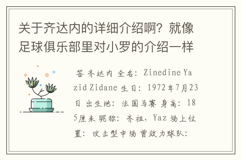 关于齐达内的详细介绍啊？就像足球俱乐部里对小罗的介绍一样，要从幼年开始的特别是他的坎坷的那一段