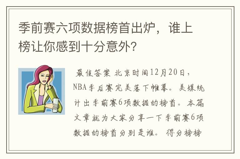 季前赛六项数据榜首出炉，谁上榜让你感到十分意外？