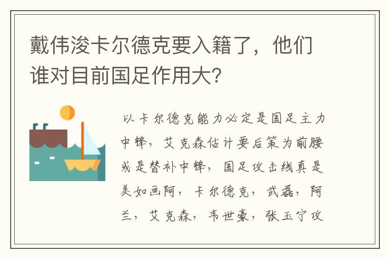 戴伟浚卡尔德克要入籍了，他们谁对目前国足作用大？