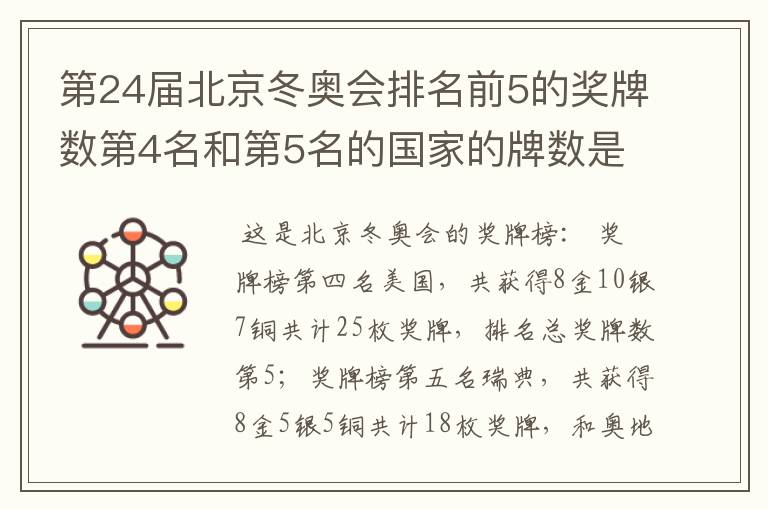 第24届北京冬奥会排名前5的奖牌数第4名和第5名的国家的牌数是多少？