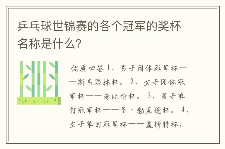 乒乓球世锦赛的各个冠军的奖杯名称是什么？