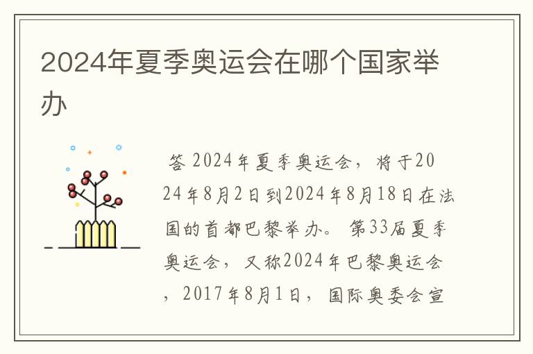 2024年夏季奥运会在哪个国家举办