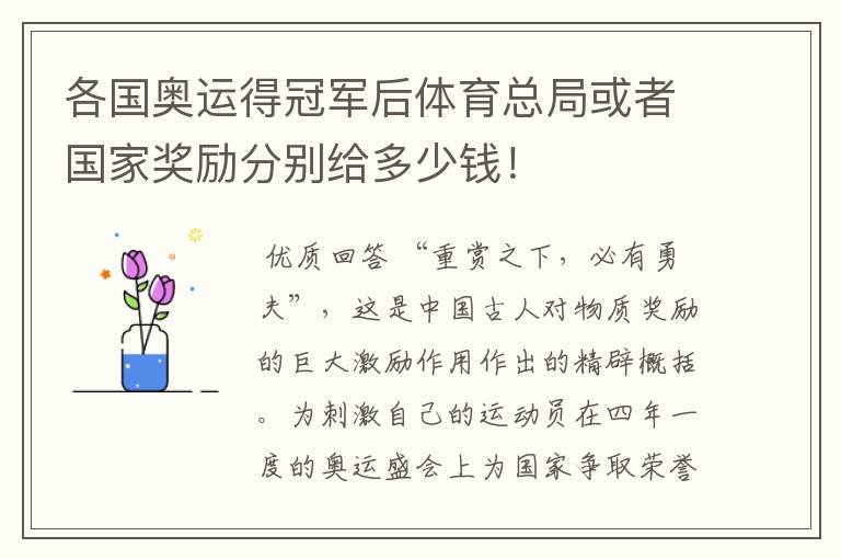 各国奥运得冠军后体育总局或者国家奖励分别给多少钱！