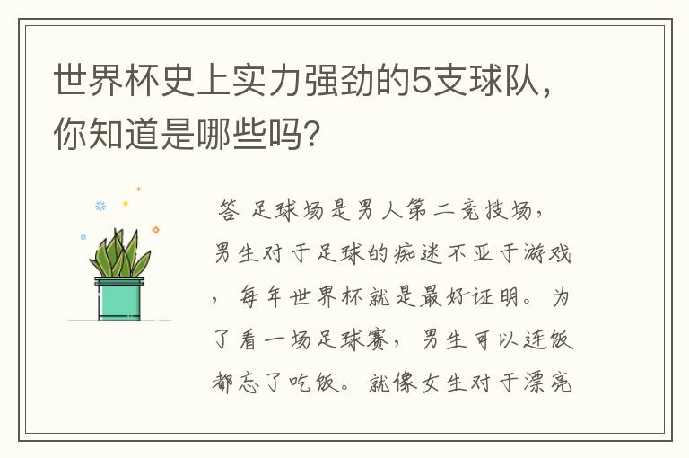 世界杯史上实力强劲的5支球队，你知道是哪些吗？