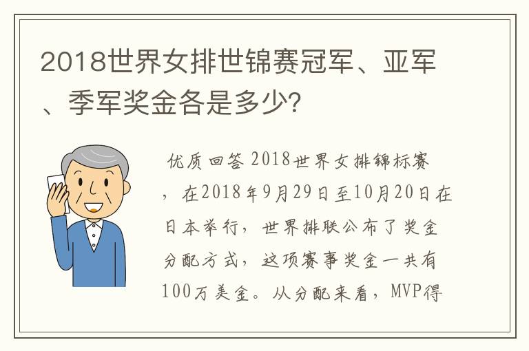 2018世界女排世锦赛冠军、亚军、季军奖金各是多少？