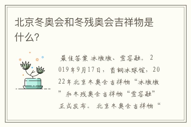 北京冬奥会和冬残奥会吉祥物是什么？