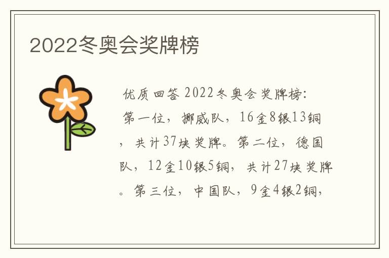 2022冬奥会奖牌榜