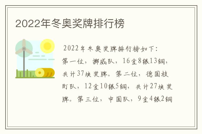 2022年冬奥奖牌排行榜