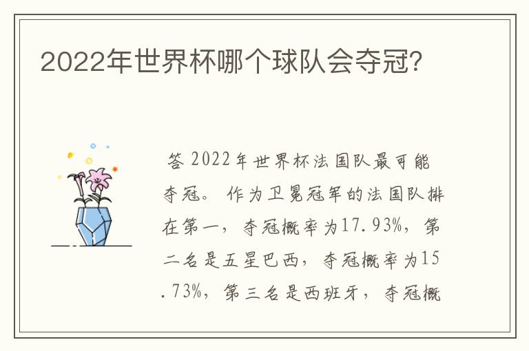 2022年世界杯哪个球队会夺冠？