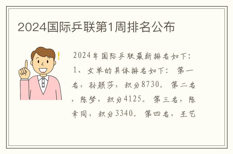 2024国际乒联第1周排名公布