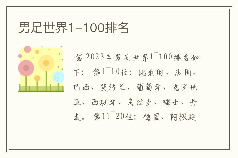 男足世界1-100排名