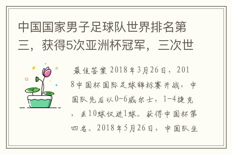 中国国家男子足球队世界排名第三，获得5次亚洲杯冠军，三次世界杯冠军。为什么球迷还是不满，都是骂声呢