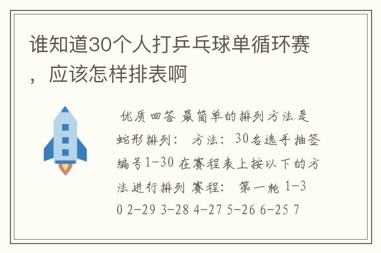 谁知道30个人打乒乓球单循环赛，应该怎样排表啊