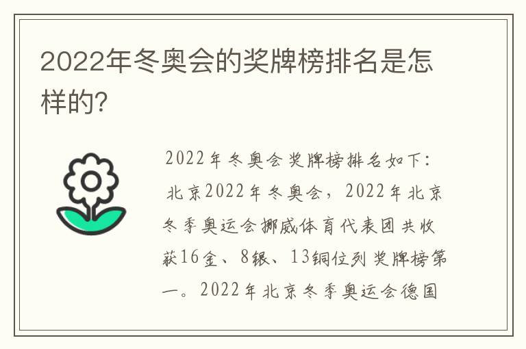 2022年冬奥会的奖牌榜排名是怎样的？