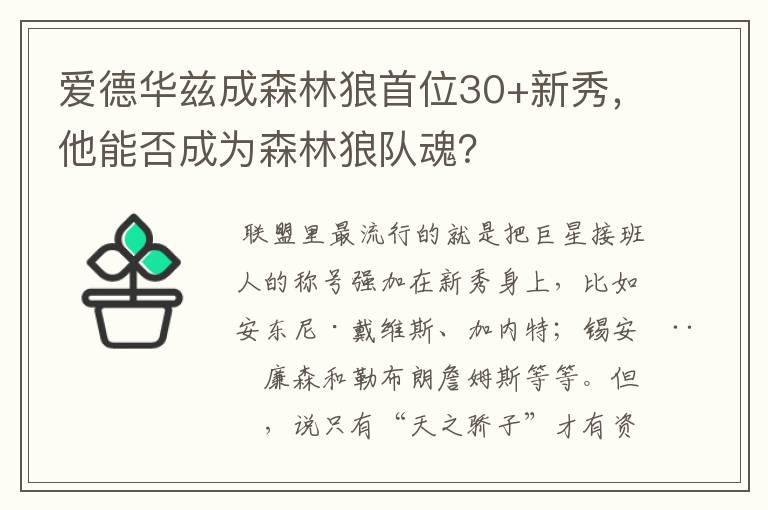 爱德华兹成森林狼首位30+新秀，他能否成为森林狼队魂？