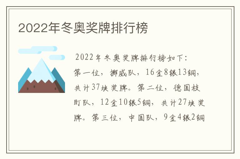 2022年冬奥奖牌排行榜