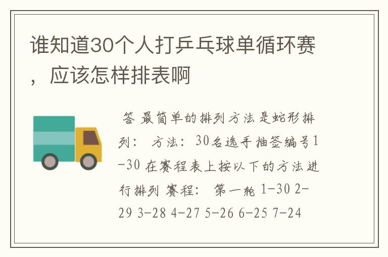 谁知道30个人打乒乓球单循环赛，应该怎样排表啊