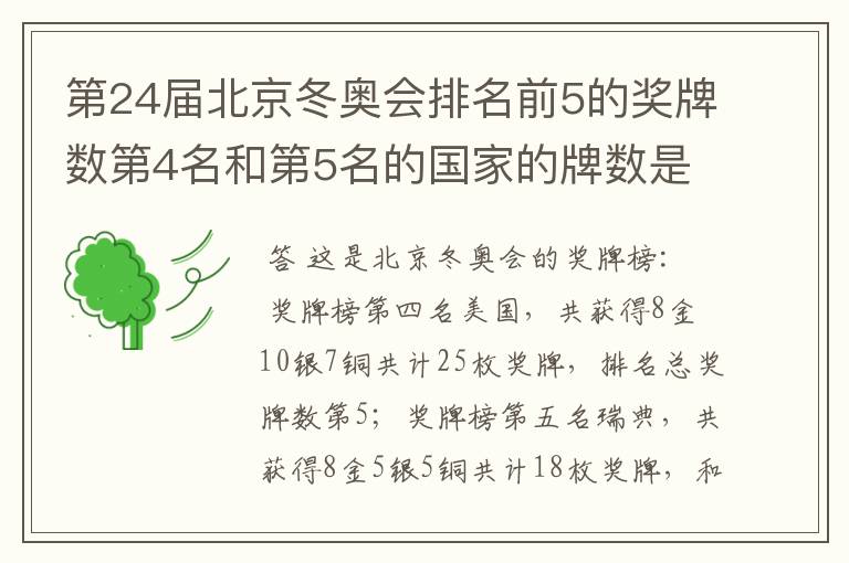 第24届北京冬奥会排名前5的奖牌数第4名和第5名的国家的牌数是多少？