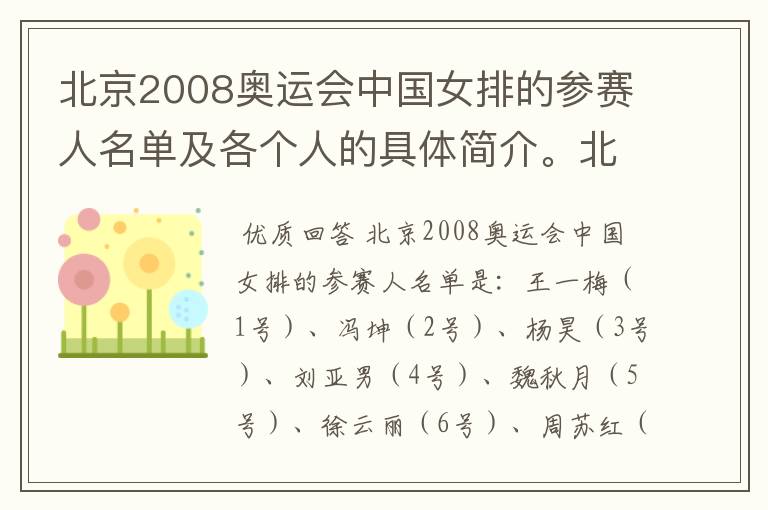 北京2008奥运会中国女排的参赛人名单及各个人的具体简介。北京奥运会男排的名单？