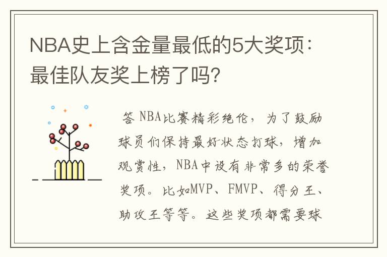 NBA史上含金量最低的5大奖项：最佳队友奖上榜了吗？