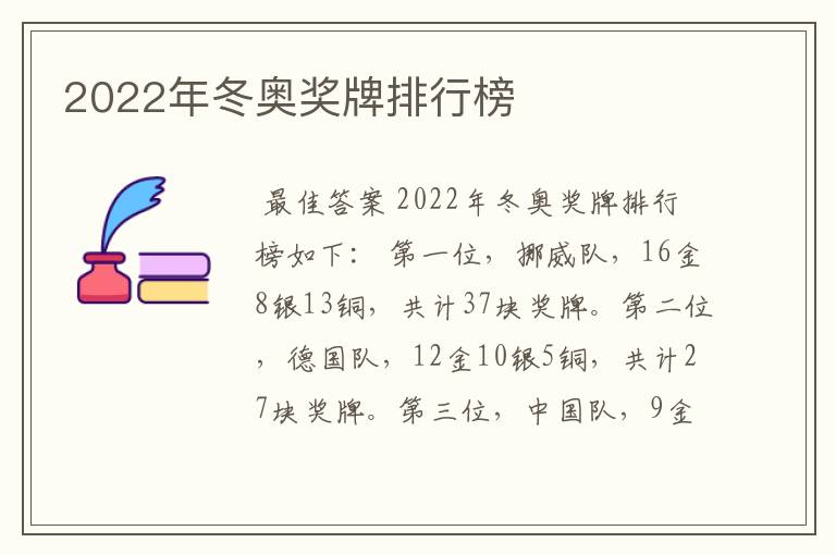 2022年冬奥奖牌排行榜